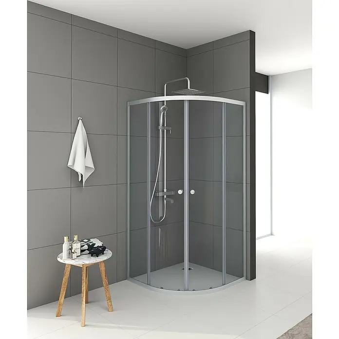 Aurlane Runddusche Silver Line - 90 x 90 x 185 cm, Pulverbeschichtet, Silber - Viertelkreis-Duschkabine mit Klarglastüren und silbernem Metallrahmen.