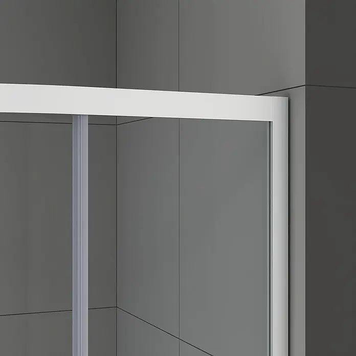 Aurlane Komplettdusche Silver - 90 x 90 x 200 cm, Weiß/Silber - Detailansicht einer Duschkabine mit weißem Rahmen vor grauem Hintergrund. Fokus auf Design und Verarbeitung.