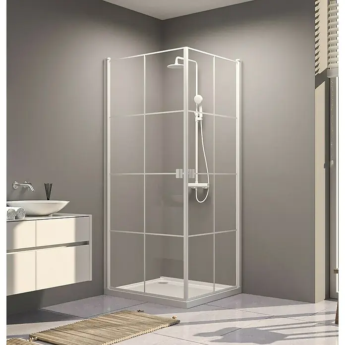 Aurlane Eckdusche Galaxy - 90 x 90 x 200 cm, Beschichtet, Weiß, Glasstärke: 5 mm - Eckduschkabine mit weißem Rahmen, Klarglas, Brause, Mischer und weißer Wanne.