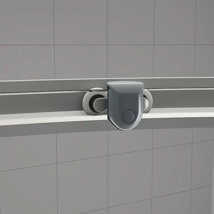 Aurlane Komplettdusche Silver - 90 x 90 x 200 cm, Weiß/Silber - Nahaufnahme eines modernen, grauen Duschschiebetür-Mechanismus mit Rollen und einem Knopf.
