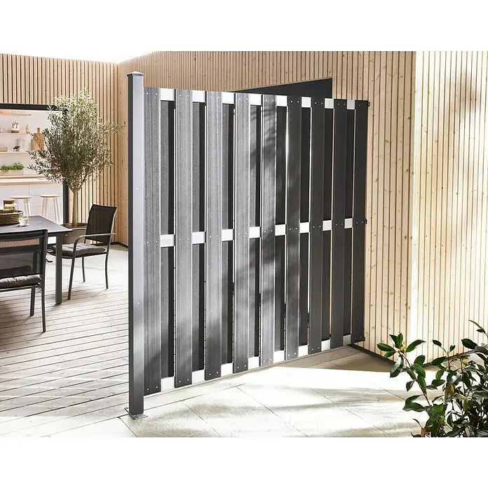 Sichtschutzelement Palma - 180 x 180 cm, Anthrazit - Moderne graue Sichtschutzwand aus Holzlatten mit weißen Verbindungsstücken. Sie bietet Privatsphäre und fügt sich nahtlos in den Außenbereich ein.