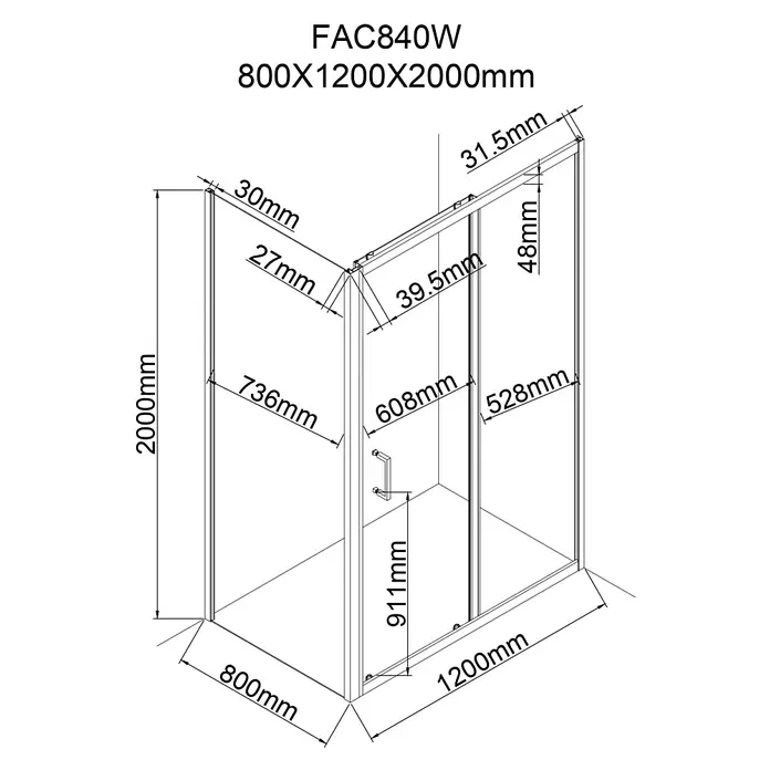 Aurlane Eckdusche Factory - 120 x 80 x 200 cm, Beschichtet, Weiß, Glasstärke: 6 mm, DIN Anschlag: Links/Rechts - Technische Zeichnung einer 800x1200x2000mm L-förmigen Duschkabine mit detaillierten Maßen.