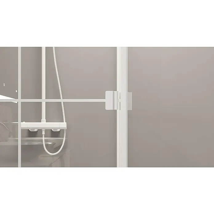Aurlane Eckdusche Galaxy - 90 x 90 x 200 cm, Beschichtet, Weiß, Glasstärke: 5 mm - Weißer Duschmischer und aufgerollter Schlauch in einer modernen Duschkabine.
