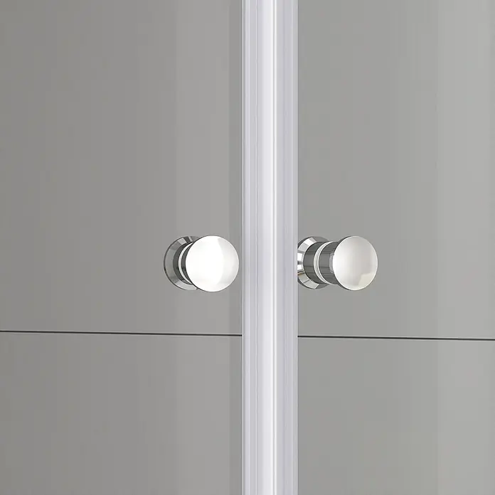 Aurlane Komplettdusche Silver - 90 x 90 x 200 cm, Weiß/Silber - Nahaufnahme einer Duschkabinentür mit runden, verchromten Griffen und einem transparenten Dichtungsstreifen.
