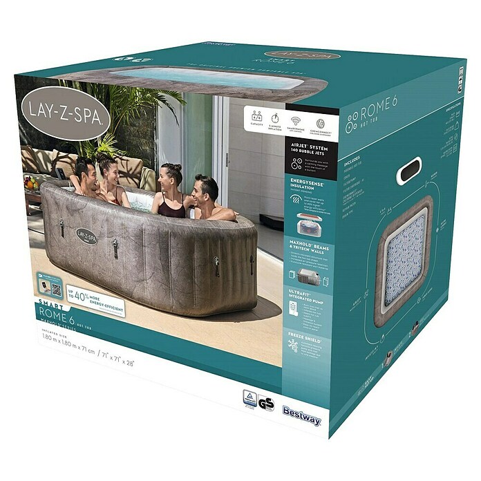 Bestway Lay-Z-Spa Opblaasbare jacuzzi Rome Smart AirJet 6 (180 x 180 x 71 cm, 840 l, Marmerlook) | BAUHAUS