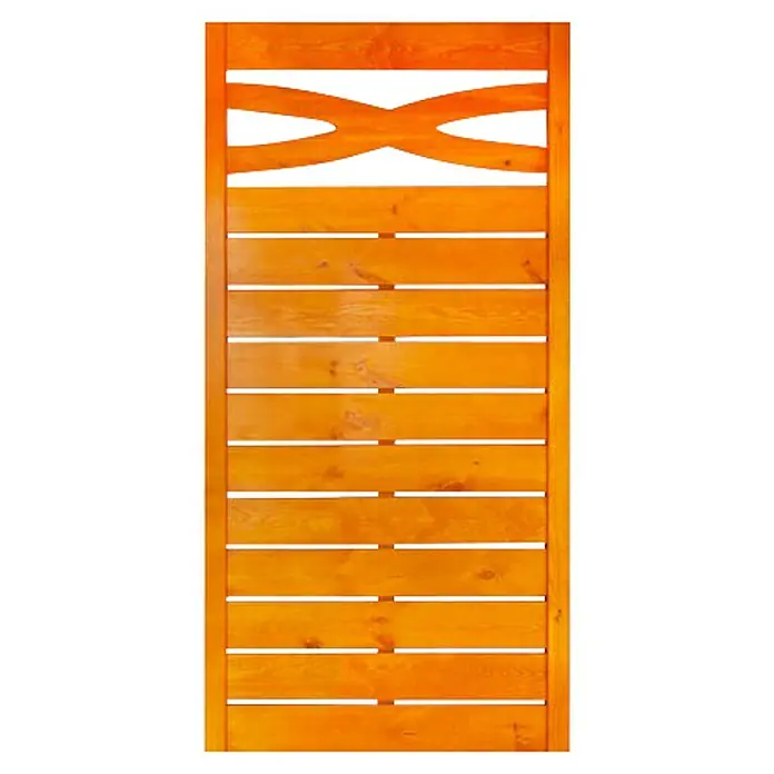 Andrewex Sichtschutzelement Geneva - 90 x 180 cm, Pinie - Ein Holztor mit horizontalen Brettern, hellbraun lackiert und mit einem dekorativen X-Muster im oberen Bereich versehen.