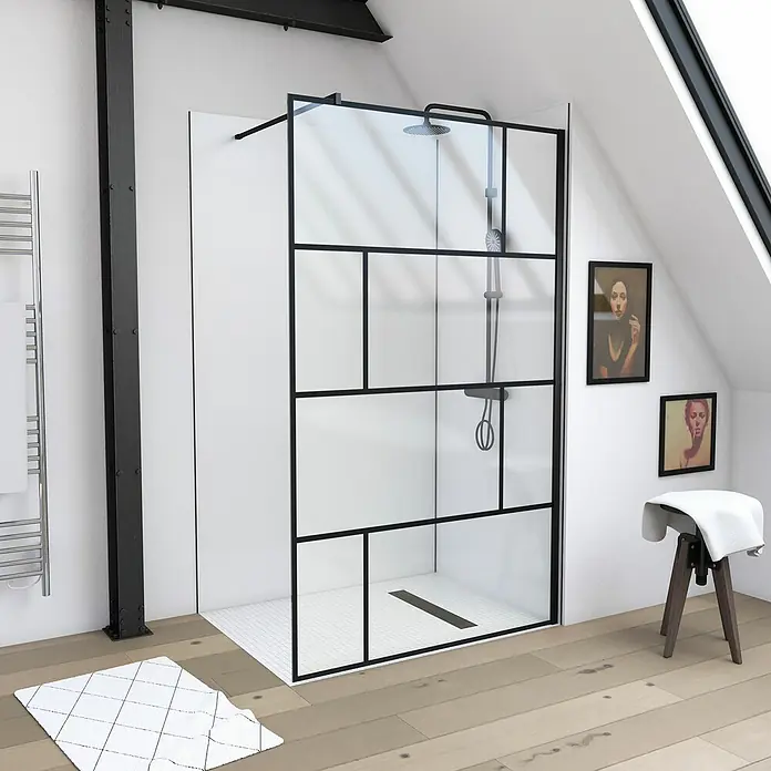 Aurlane Duschwand Bricks - B x H: 120 x 195 cm, Pulverbeschichtet, Schwarz - Schwarz gerahmte Duschabtrennung mit geometrischem Gitterdesign in einem modernen Badezimmer mit Duschkopf.