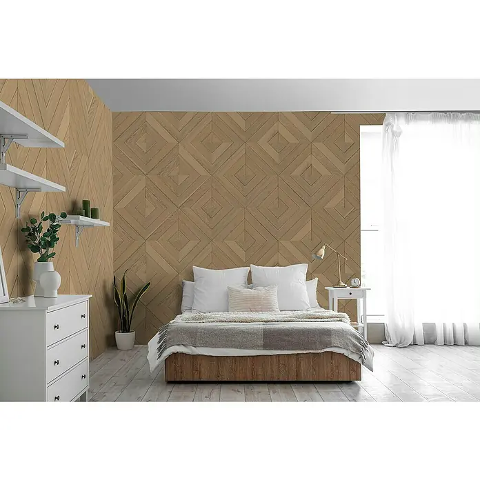 Panel de pared Barideck madera espejo - 9 ud., 78 x 39 cm - Este dormitorio cuenta con una pared de madera con un patrón geométrico, añadiendo calidez e interés visual al espacio.