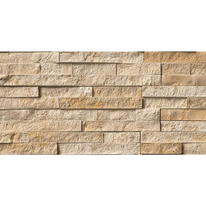 Panel de pared Barideck piedra natural - 9 ud., 78 x 39 cm - Primer plano de un revestimiento de pared decorativo con tiras de piedra natural marrón claro, patrón irregular y textura rústica.