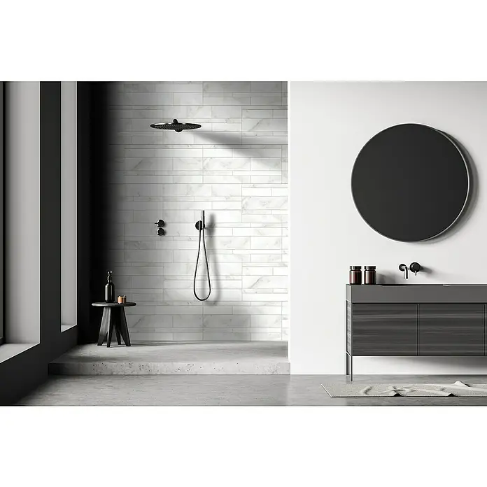 Panel de pared Barideck cerámica - 9 ud., 78 x 39 cm - Elegante baño con ducha de lluvia, tocador con espejo redondo y detalles de madera gris. Diseño moderno con líneas limpias.