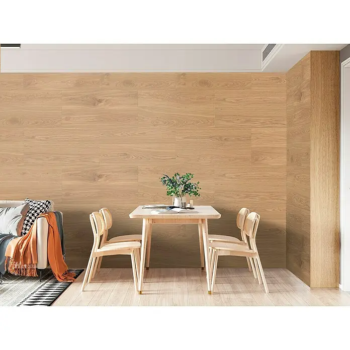 Panel de pared Barideck madera - 9 ud., 78 x 39 cm - Paneles de madera clara adornan la pared y el suelo, creando un ambiente cálido y acogedor. Los muebles a juego complementan el aspecto.