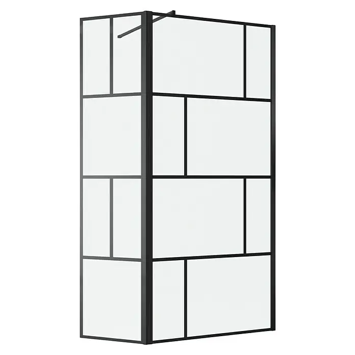 Aurlane Duschwand Bricks - B x H: 130 x 195 cm, Pulverbeschichtet, Schwarz - Schwarz gerahmte Duschabtrennung mit gemusterten Glasscheiben für ein modernes Badezimmer.