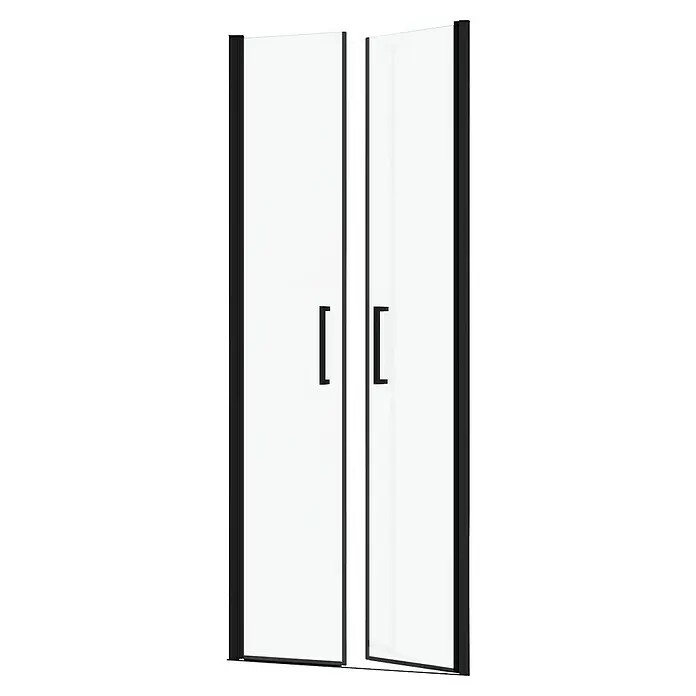 Aurlane Dusch-Pendeltür Saloon - 80 x 200 cm, Schwarz, Beschichtet, Glasstärke: 6 mm - Schwarz gerahmte Falttür-Duschkabine mit Klarglas und schwarzen Griffen. Eine Tür ist leicht geöffnet.