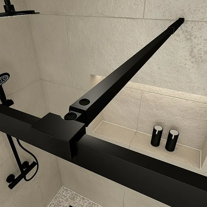 Aurlane Duschwand Dark Edge - B x H: 120 x 200 cm, Pulverbeschichtet, Schwarz - Moderner Duschrahmen und System in Mattschwarz mit Armaturen in beigefliester Dusche, inklusive Nische.