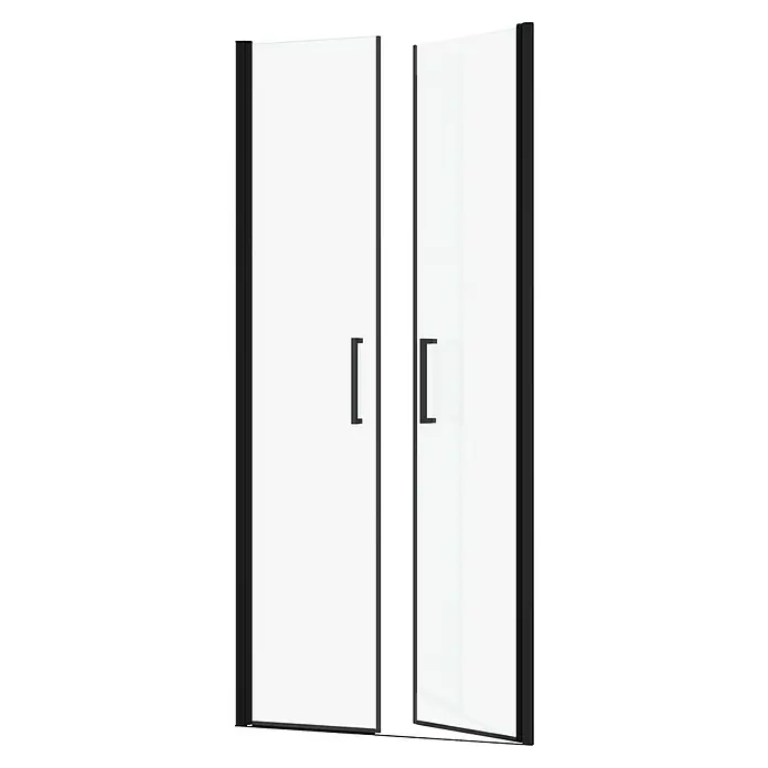 Aurlane Dusch-Pendeltür Saloon - 90 x 200 cm, Schwarz, Beschichtet, Glasstärke: 6 mm - Zwei Duschkabinentüren aus Klarglas mit schwarzen Rahmen und Griffen, eine leicht geöffnet.