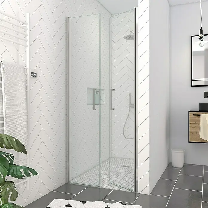 Aurlane Dusch-Pendeltür Saloon - Silber, Beschichtet, Glasstärke: 6 mm - Eckduschkabine aus Glas mit Chromgriffen in einem modernen Badezimmer.