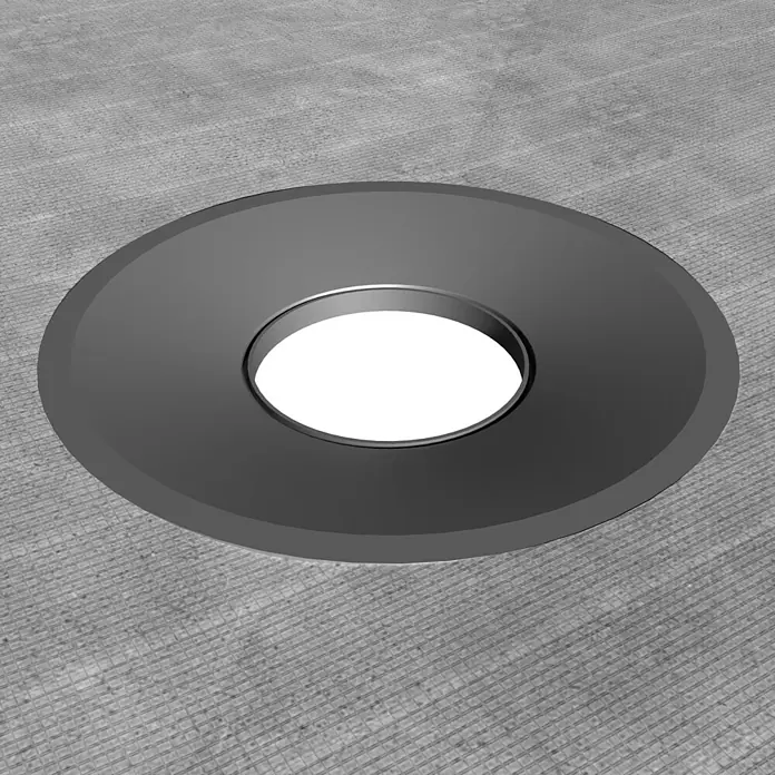 Aurlane Duschwanne - L x B: 90 x 90 cm, Polystyrol/Glasfaser/Zement, Grau, Befliesbar - Dunkelgraue runde Einbauleuchte mit hellem weißem Licht.