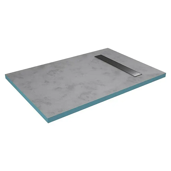 Aurlane Duschwanne - L x B: 120 x 80 cm, Polystyrol/Glasfaser/Zement, Grau/Schwarz, Befliesbar - Rechteckiges graues Duschelement mit integriertem linearem Ablauf und blauen Kanten.