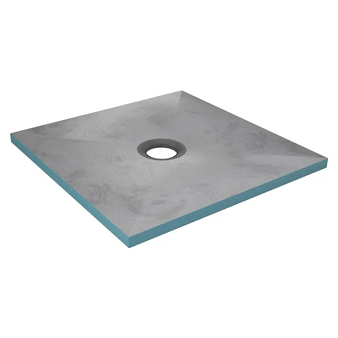 Aurlane Duschwanne - L x B: 90 x 90 cm, Polystyrol/Glasfaser/Zement, Grau, Befliesbar - Quadratische graue Duschwanne mit zentralem Abfluss und strukturierter Oberfläche, blauen Kanten.