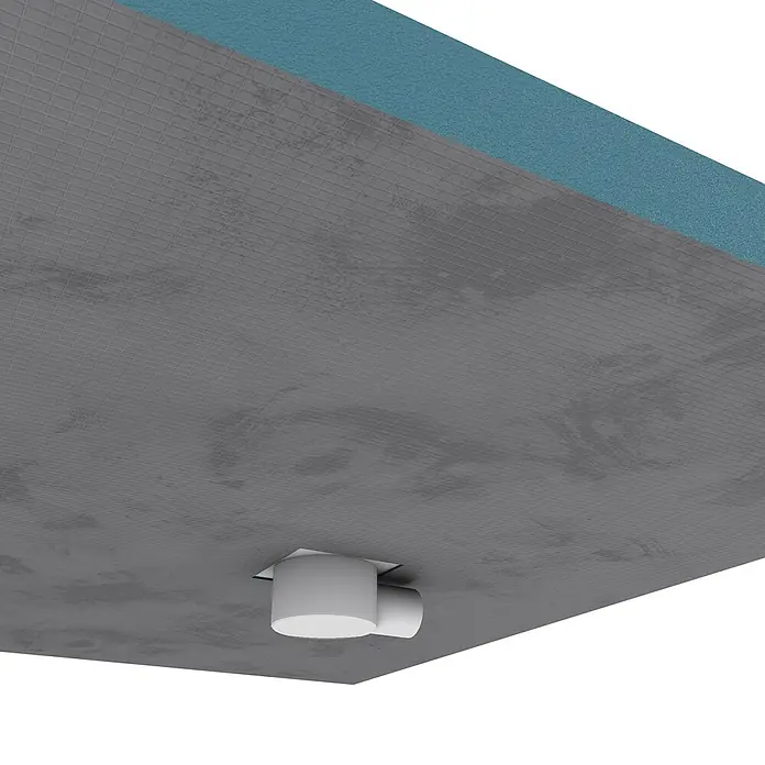 Aurlane Duschwanne - L x B: 120 x 80 cm, Polystyrol/Glasfaser/Zement, Grau/Schwarz, Befliesbar - Weißer zylindrischer Abflussstutzen in grauer Gittermembran, blaue Schicht darüber.