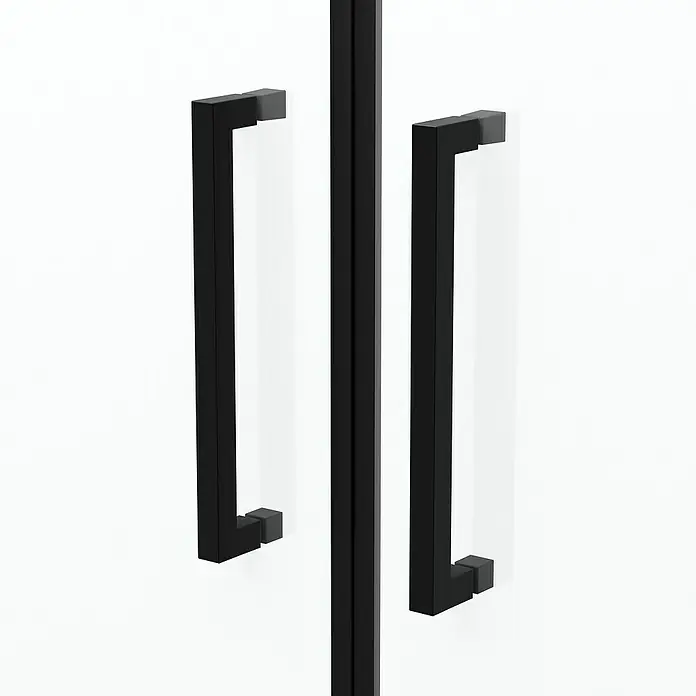 Aurlane Dusch-Pendeltür Saloon - 90 x 200 cm, Schwarz, Beschichtet, Glasstärke: 6 mm - Zwei schwarze, rechteckige Duschglastürgriffe.
