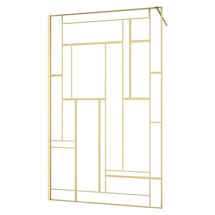 Aurlane Duschwand Art Deco Rec - B x H: 120 x 195 cm, Gebürstet, Gold - Goldener Metallrahmen mit rechteckigen Innenunterteilungen und einer oberen rechten Montagehalterung.