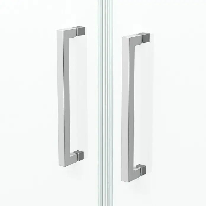 Aurlane Dusch-Pendeltür Saloon - 80 x 200 cm, Silber, Beschichtet, Glasstärke: 6 mm - Zwei verchromte Bügelgriffe an einer klaren Duschglastür.