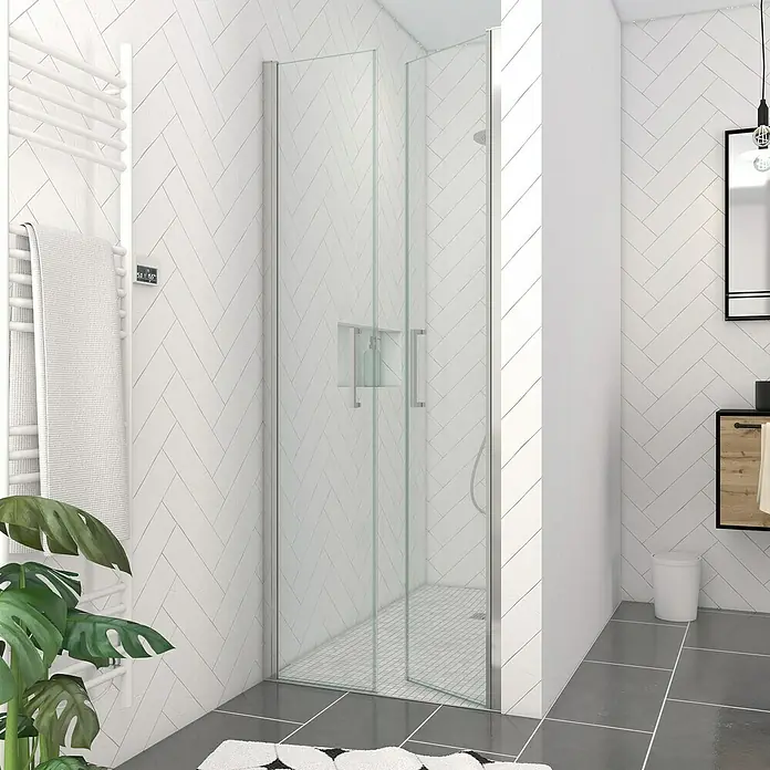 Aurlane Dusch-Pendeltür Saloon - 80 x 200 cm, Silber, Beschichtet, Glasstärke: 6 mm - Glasduschkabine in modernem Badezimmer mit weißen Fischgrätfliesen und dunklen Bodenfliesen.