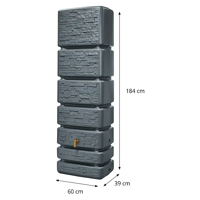4rain Regenspeicher Slim Stone - 350 l, Graphitgrau, 1 Stk. - Bild eines grauen Slim Stone Regenwassertanks mit den Maßen 60x39x184 cm.