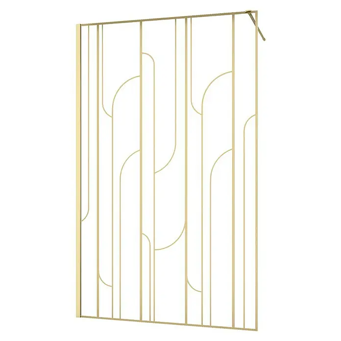 Aurlane Duschwand Art Deco RD - B x H: 120 x 195 cm, Gebürstet, Gold - Goldfarbener Metall-Dekorationsschirm mit vertikalen Stangen und geschwungenen Akzenten, ideal als Raumteiler.