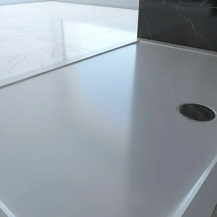 Aurlane Duschwanne Pure - L x B: 140 x 90 cm, Sanitäracryl, Weiß, Rechteckig - Graue Duschwanne mit Metallablauf, in einem modernen Bad mit Marmorfliesen installiert.