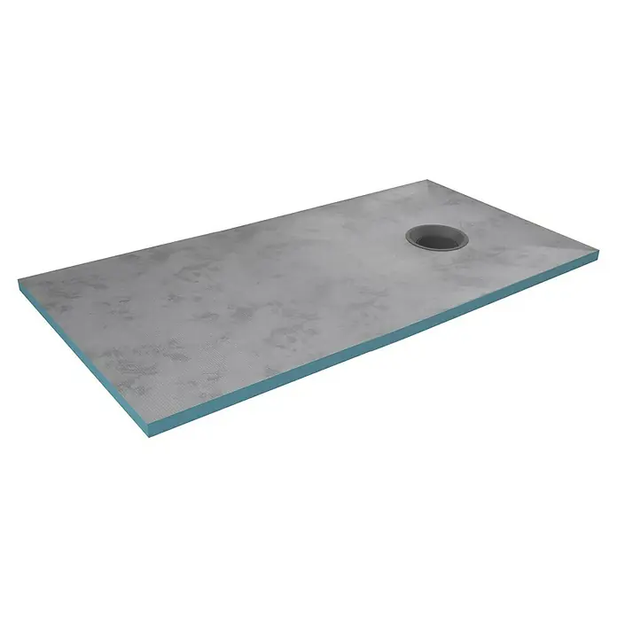 Aurlane Duschwanne - L x B: 160 x 90 cm, Polystyrol/Glasfaser/Zement, Grau, Befliesbar, Ablauf Rund - Graue, texturierte Duschwanne mit integriertem Abfluss und blauem Isolierrand.