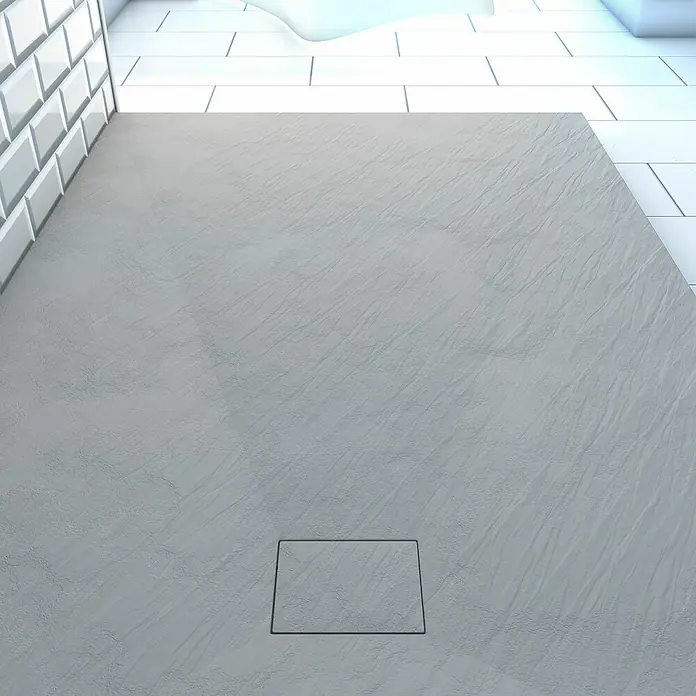 Aurlane Duschwanne Stone - L x B: 140 x 90 cm, High Pressure Tech, Grau - Graue, texturierte Duschwanne mit rechteckigem Abflussrost in einem modernen Bad.