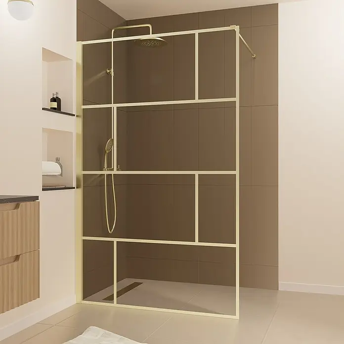 Aurlane Duschwand Bricks - B x H: 120 x 195 cm, Gold - Moderne messingfarbene Duschwand mit geometrischem Gitterdesign im Badezimmer.