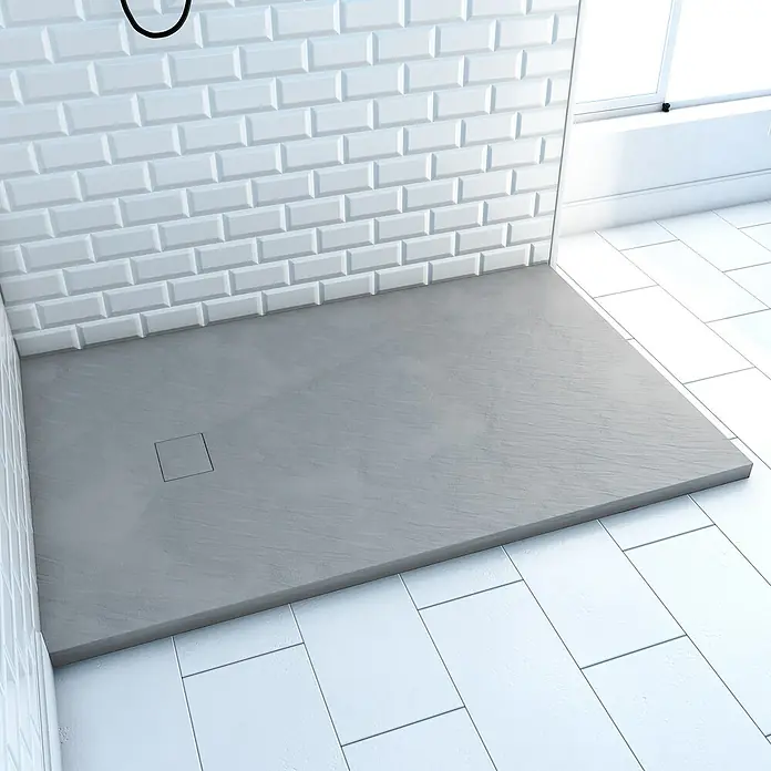 Aurlane Duschwanne Stone - L x B: 120 x 80 cm, High Pressure Tech, Grau - Rechteckige graue Duschwanne mit texturierter Oberfläche und quadratischem Abfluss in modern gefliestem Bad.