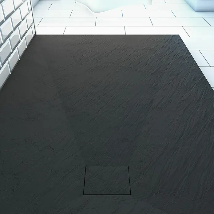 Aurlane Duschwanne Stone - L x B: 140 x 90 cm, High Pressure Tech, Schwarz - Dunkelgraue, texturierte Duschwanne mit rechteckigem Abfluss in einem modernen gefliesten Bad.