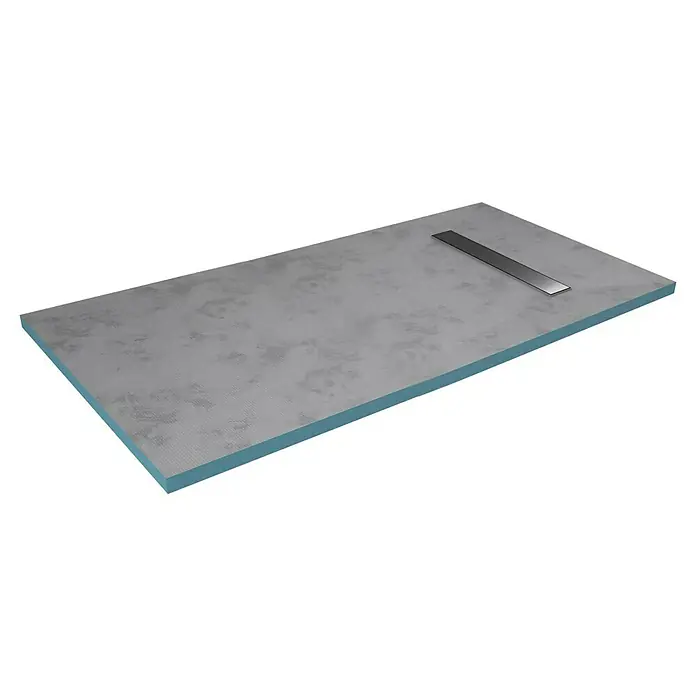 Aurlane Duschwanne - L x B: 160 x 90 cm, Polystyrol/Glasfaser/Zement, Grau, Befliesbar, Ablauf länglich - Flache, rechteckige graue Duschwanne mit Linienablauf und blauem Rand.