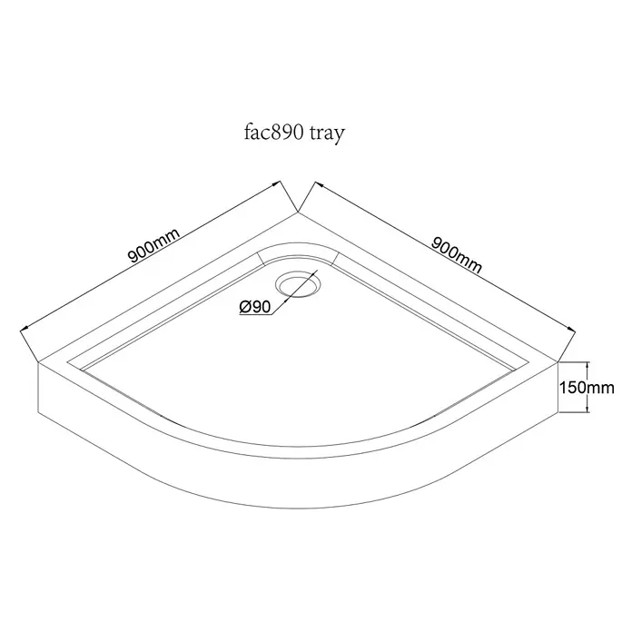 Aurlane Duschwanne Silver Line - L x B: 90 x 90 cm, Sanitäracryl, Weiß - Technische Zeichnung einer 900x900mm Quadrantduschwanne, 150mm hoch, mit 90mm Abflussöffnung.