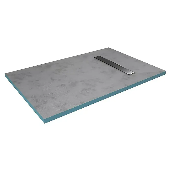 Aurlane Duschwanne - L x B: 140 x 90 cm, Polystyrol/Glasfaser/Zement, Grau, Befliesbar - Rechteckige graue Duschwanne mit linearem Ablauf und blauen Seiten.