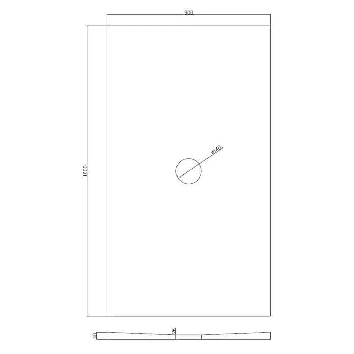 Aurlane Duschwanne - L x B: 160 x 90 cm, Polystyrol/Glasfaser/Zement, Grau, Befliesbar, Ablauf Rund - Technische Zeichnung einer rechteckigen Duschwanne, 1600x900mm, mit zentralem Ø140mm Abfluss und schrägem Profil (26-40mm Tiefe).