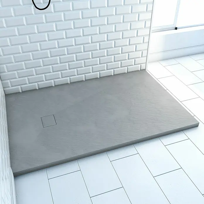 Aurlane Duschwanne Stone - L x B: 140 x 90 cm, High Pressure Tech, Grau - Graue Duschwanne in Schieferoptik mit quadratischem Abfluss.