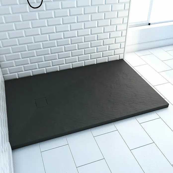 Aurlane Duschwanne Stone - L x B: 140 x 90 cm, High Pressure Tech, Schwarz - Schwarze, texturierte Duschwanne mit integriertem Abfluss in einem modernen Badezimmer.