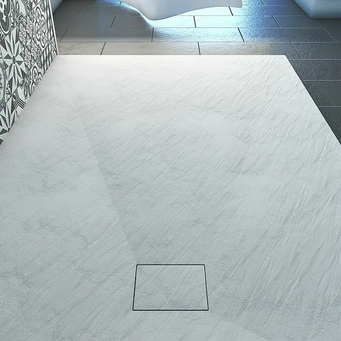 Aurlane Duschwanne Stone - L x B: 140 x 90 cm, High Pressure Tech, Weiß - Strukturierte hellgraue Duschwanne mit rechteckigem Ablaufrost.