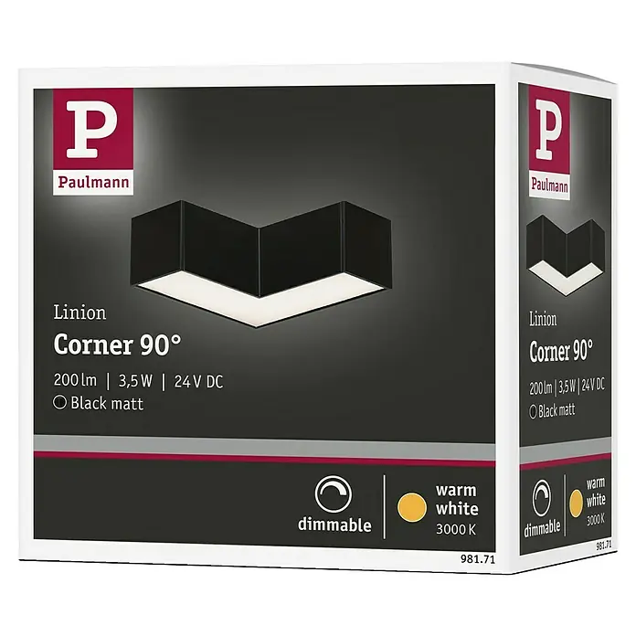Paulmann Linion Lichtkanal Ecke - Warmweiß, Signalschwarz, L x B x H: 10 x 10 x 4 cm - Bild einer Paulmann Linion Corner 90° Eckleuchte in Mattschwarz, die warmweißes Licht ausstrahlt und dimmbar ist.