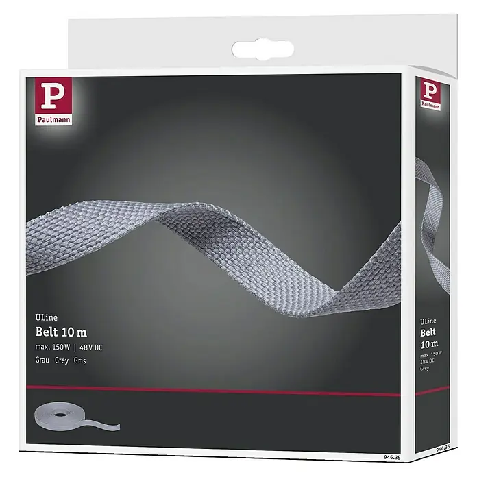 Paulmann ULine Gurtsystem - Länge: 10 m, Grau - Bild einer Paulmann ULine Belt 10 m Verpackung. Der graue Textilstreifen und technische Details sind gut erkennbar.
