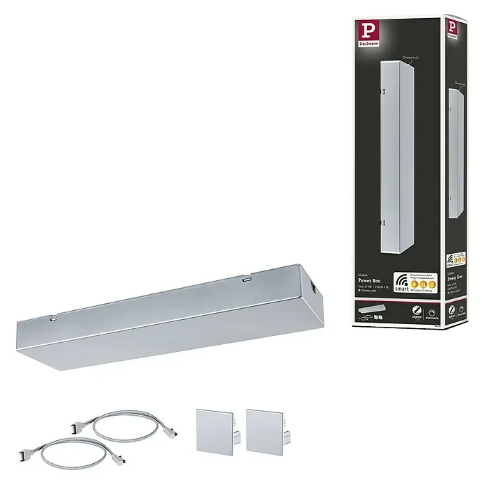 Paulmann Linion Stromeinspeisung Power Box - L x B x H: 10 x 36,5 x 4 cm, Chrom matt, Dimmbar, 180 W - Produktansicht der Paulmann Linsion Power Box, einer smarten Stromversorgung mit Chrom-Matt-Design, inklusive Zubehör und Verpackung.