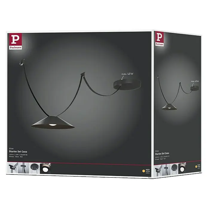 Paulmann ULine LED-Pendelleuchte rund Cone Set - 14 W, Ø x H: 35 x 9 cm, Schwarz, Warmweiß - Produktverpackung einer Paulmann ULine Starter Set Cone Pendelleuchte in Schwarz, die das moderne Design und die Lichtqualität hervorhebt.