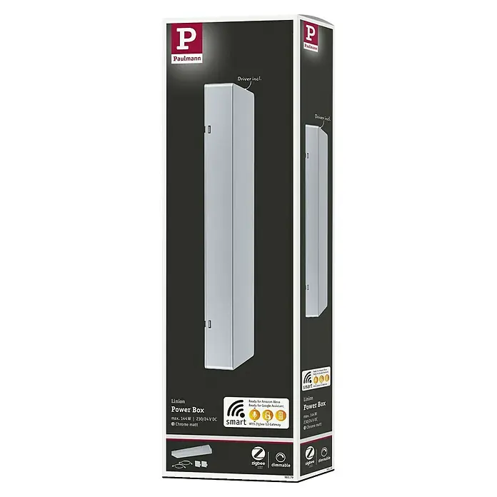 Paulmann Linion Stromeinspeisung Power Box - L x B x H: 10 x 36,5 x 4 cm, Chrom matt, Dimmbar, 180 W - Bild der Paulmann Linion Power Box, max. 144W, 230/24V DC, Chrom matt, kompatibel mit Amazon Alexa und Google Assistant.