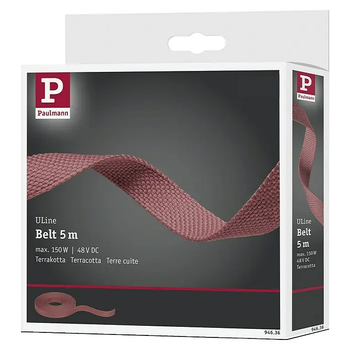 Paulmann ULine Gurtsystem - Länge: 5 m, Terracotta - Produktverpackung des Paulmann ULine Belt 5 m in Terrakotta mit technischen Details und Markenlogo.