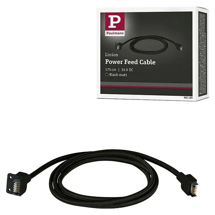 Paulmann Linion Einspeisekabel - 175 cm, Schwarz - Abbildung eines Linion Stromversorgungskabels (175cm, 24V DC) von Paulmann in Mattschwarz, sowohl in der Verpackung als auch separat.